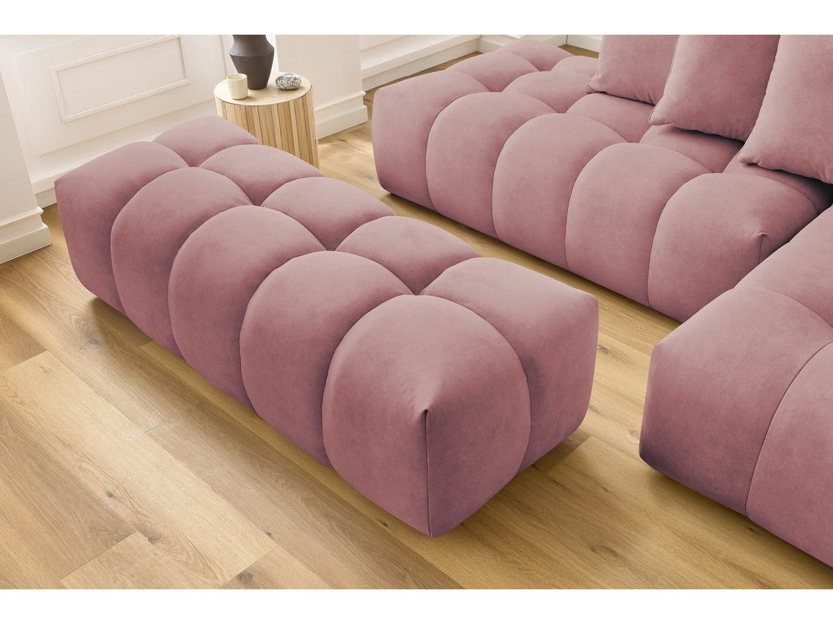 Kampinė sofa su pufu MONT-BLANC, veliūras, rožinė su pagalvėlėmis