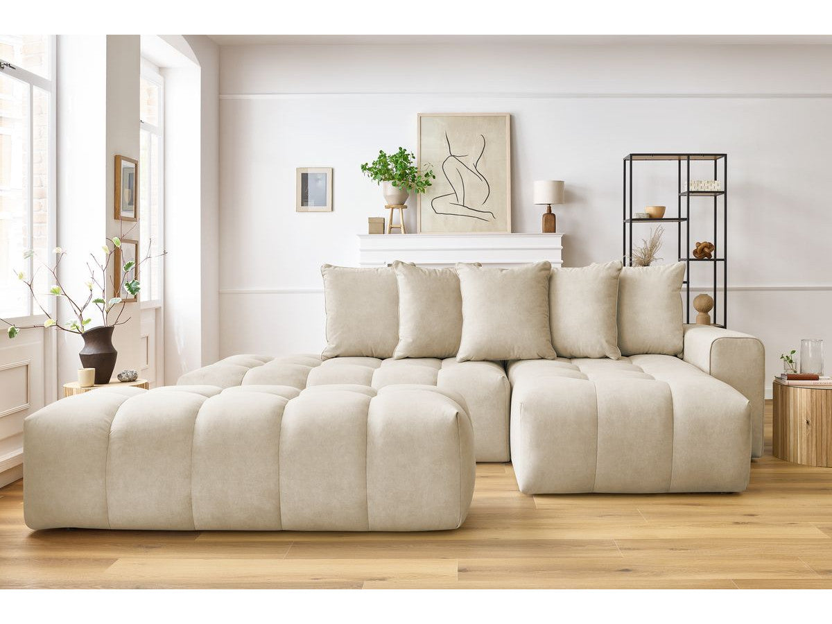 Kampinė sofa su pufu MONT-BLANC, veliūras, smėlinė kampinis vaizdas