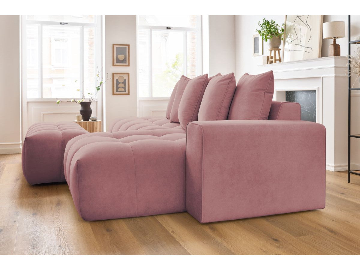 Kampinė sofa su pufu MONT-BLANC, veliūras, rožinė moderniame interjere