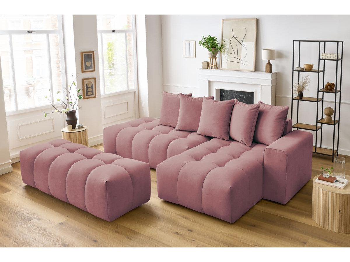 Kampinė sofa su pufu MONT-BLANC, veliūras, rožinė vaizdas iš šono