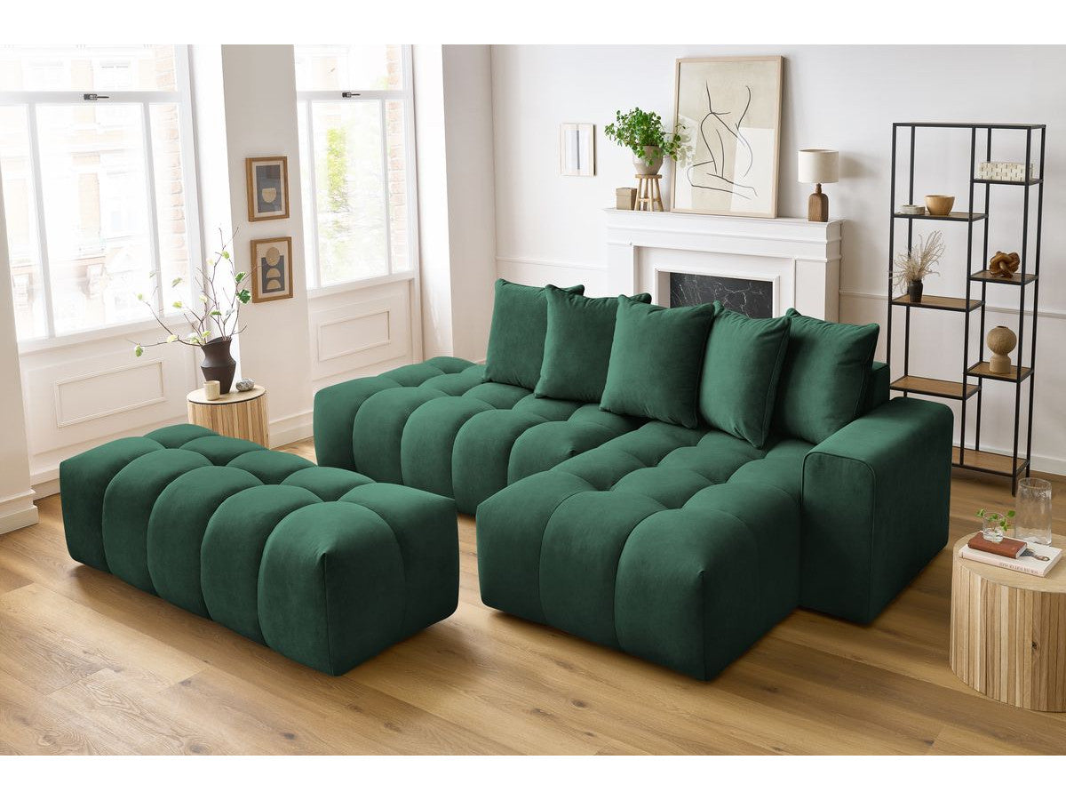 Kampinė sofa su pufu MONT-BLANC, veliūras, žalia vaizdas iš šono