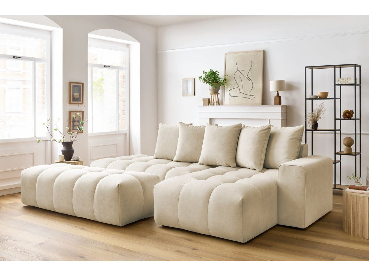 Kampinė sofa su pufu MONT-BLANC, veliūras, smėlinė vaizdas iš priekio