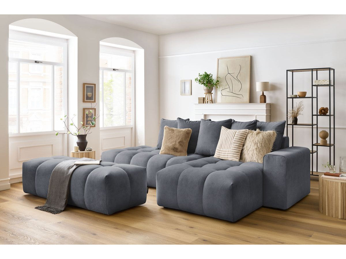 Kampinė sofa MONT-BLANC su pufu, veliūras, tamsiai pilka audinio tekstūra