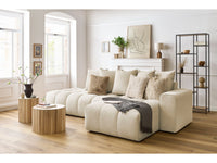 Kampinė sofa MONT-BLANC, veliūras, smėlinė šalia kavos staliuko