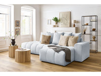 Kampinė sofa MONT-BLANC, veliūras, šviesiai pilka šalia kavos staliuko
