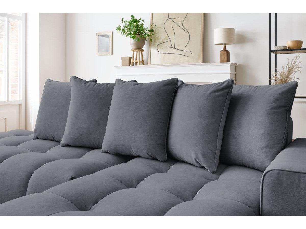 Kampinė sofa MONT-BLANC, veliūras, tamsiai pilka moderniame interjere