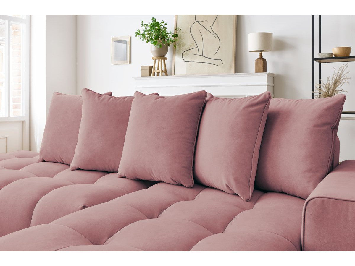 Kampinė sofa MONT-BLANC, veliūras, rožinė moderniame interjere