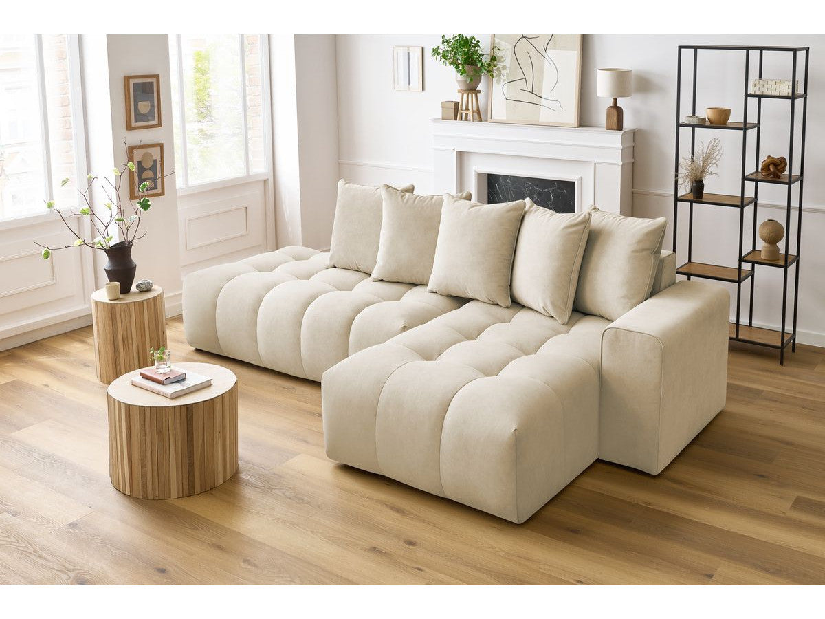 Kampinė sofa MONT-BLANC, veliūras, smėlinė su pagalvėlėmis