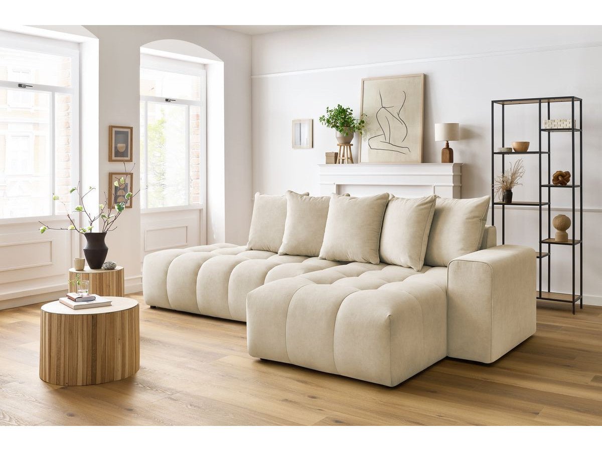 Kampinė sofa MONT-BLANC, veliūras, smėlinė su pufu