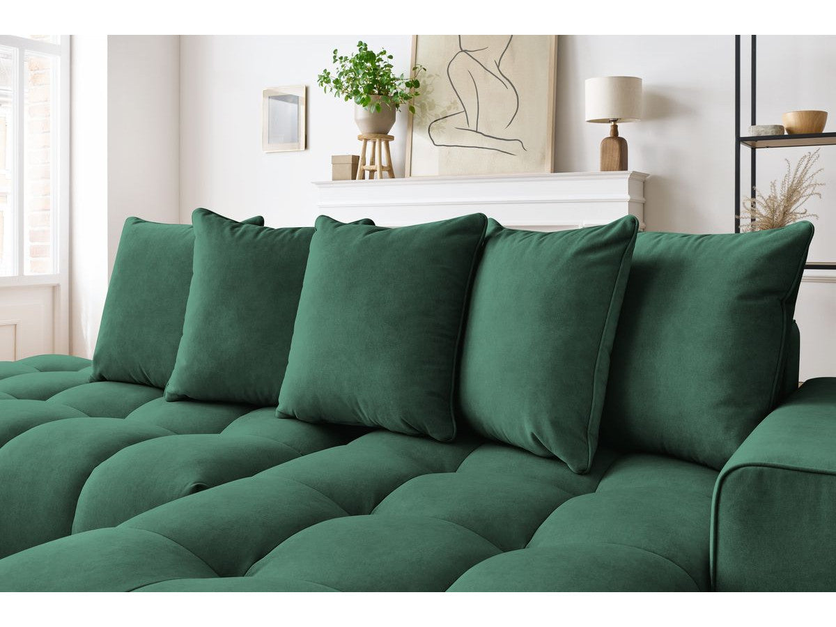 Kampinė sofa MONT-BLANC, veliūras, žalia moderniame interjere