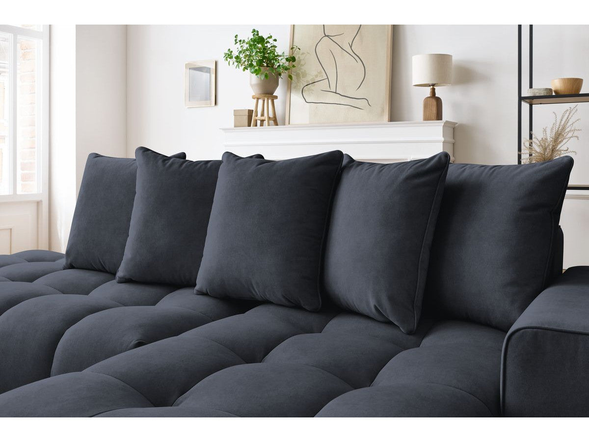 Kampinė sofa MONT-BLANC, veliūras, tamsiai mėlyna moderniame interjere