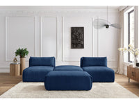 Sofa JEANNE, 3 vietų su pufu, tamsiai mėlyna šalia kavos staliuko