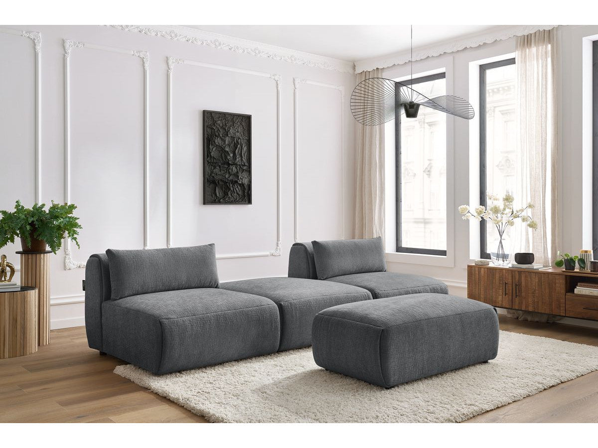 Sofa JEANNE, 3 vietų su pufu, tamsiai pilka kampinis vaizdas