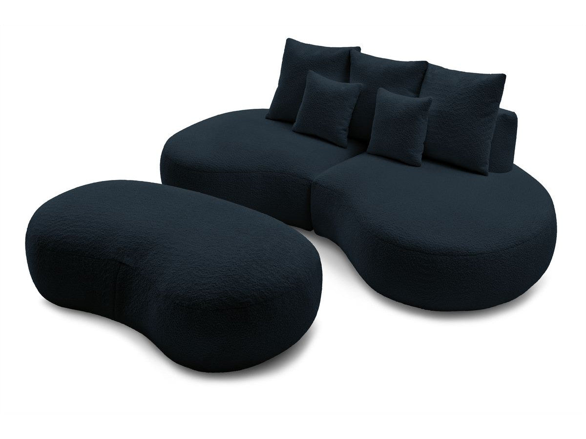 Sofa 3 vietų SAINT-GERMAIN su pufu, bouclé, tamsiai mėlyna moderniame interjere