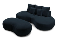 Sofa 3 vietų SAINT-GERMAIN su pufu, bouclé, tamsiai mėlyna moderniame interjere