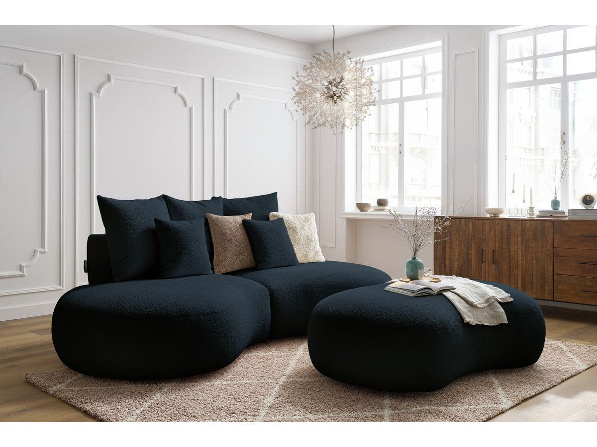 Sofa 3 vietų SAINT-GERMAIN su pufu, bouclé, tamsiai mėlyna su pagalvėlėmis