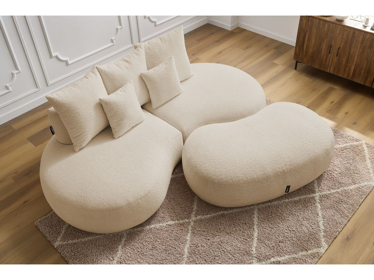 Sofa 3 vietų SAINT-GERMAIN su pufu, bouclé, smėlinė šalia kavos staliuko