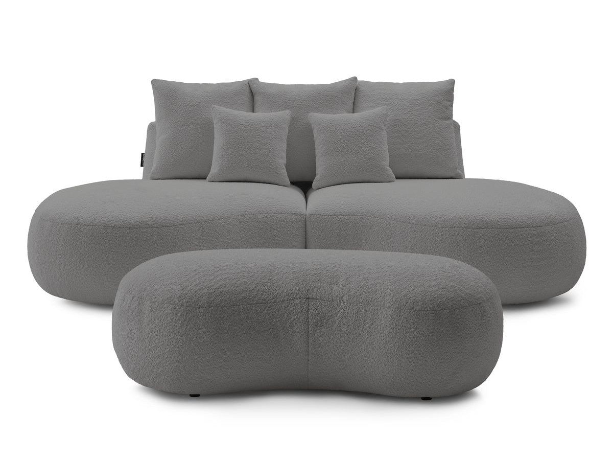 Sofa 3 vietų SAINT-GERMAIN su pufu, bouclé, šviesiai pilka moderniame interjere