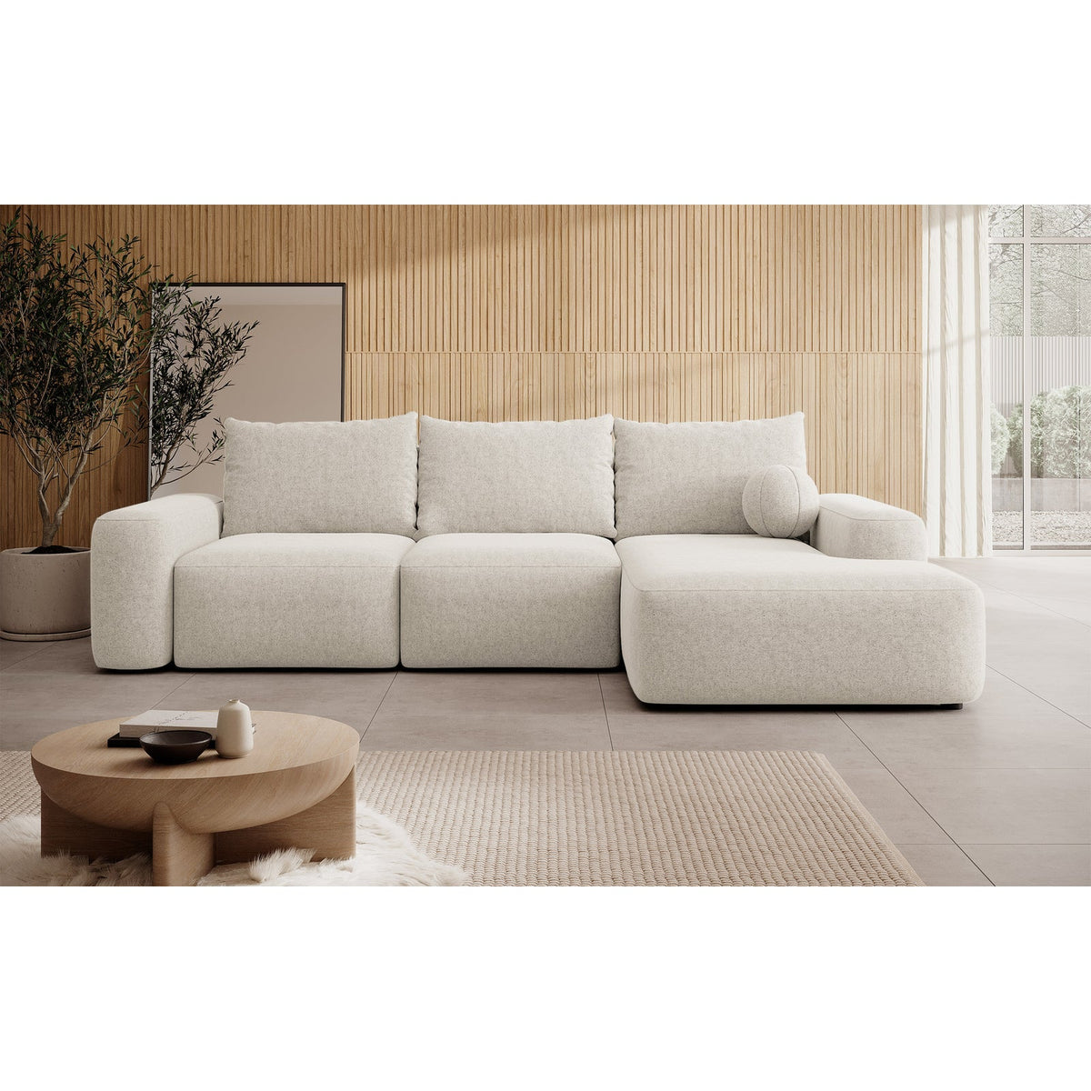 Kampinė sofa LIVA šviesiame svetainės interjere