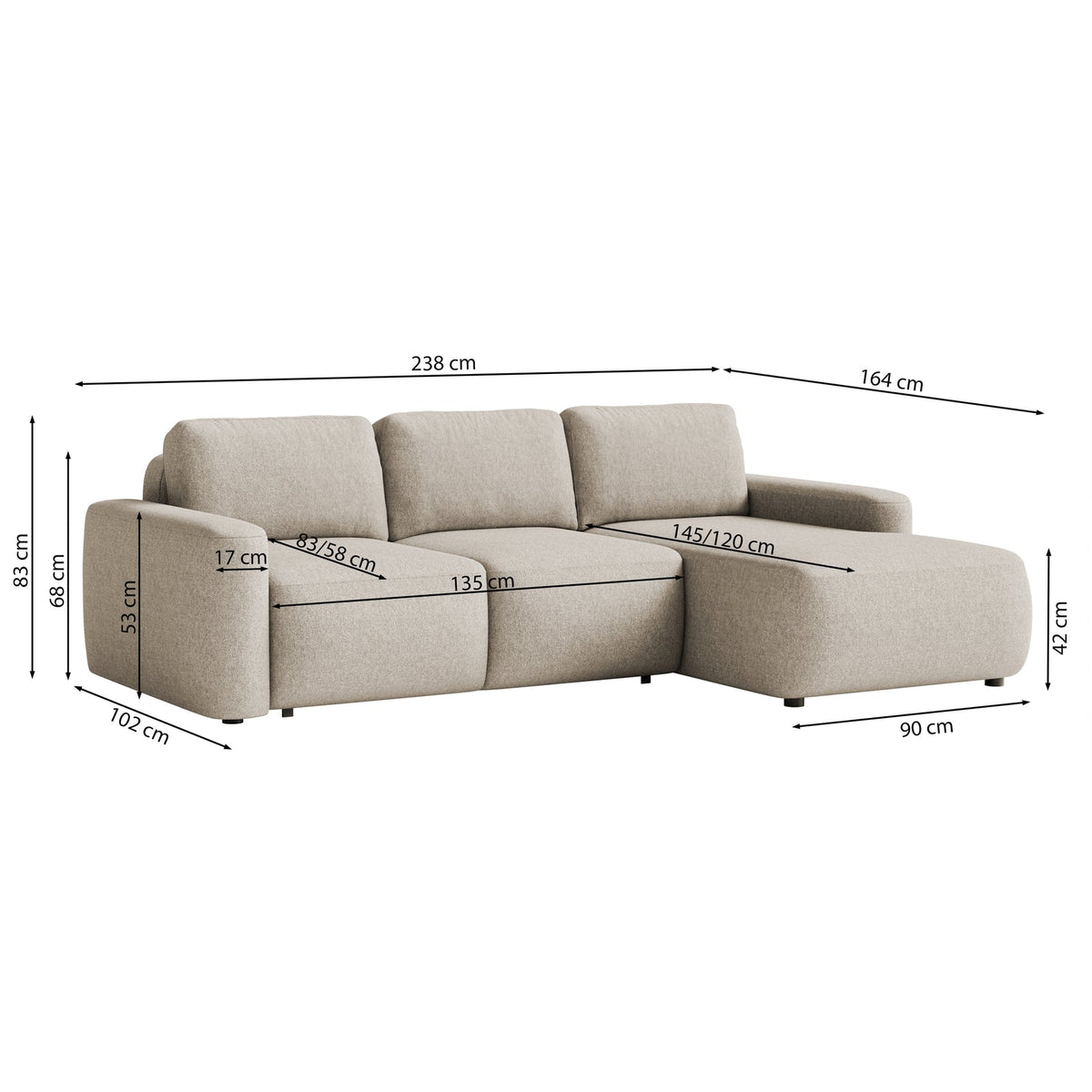 Kampinė sofa-lova LIVA, varinė, dešinė
