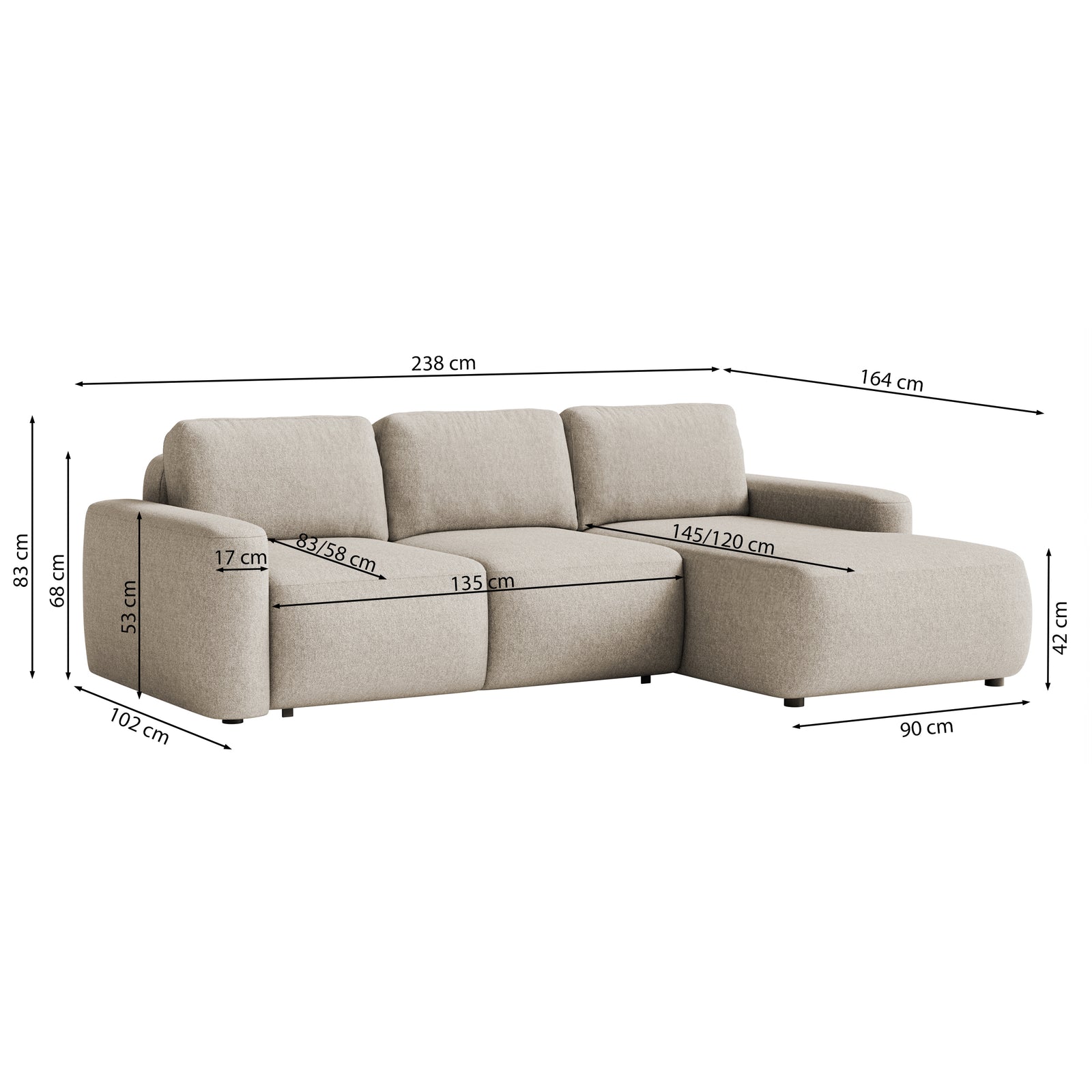Kampinė sofa-lova LIVA, šviesiai smėlinė, dešinė
