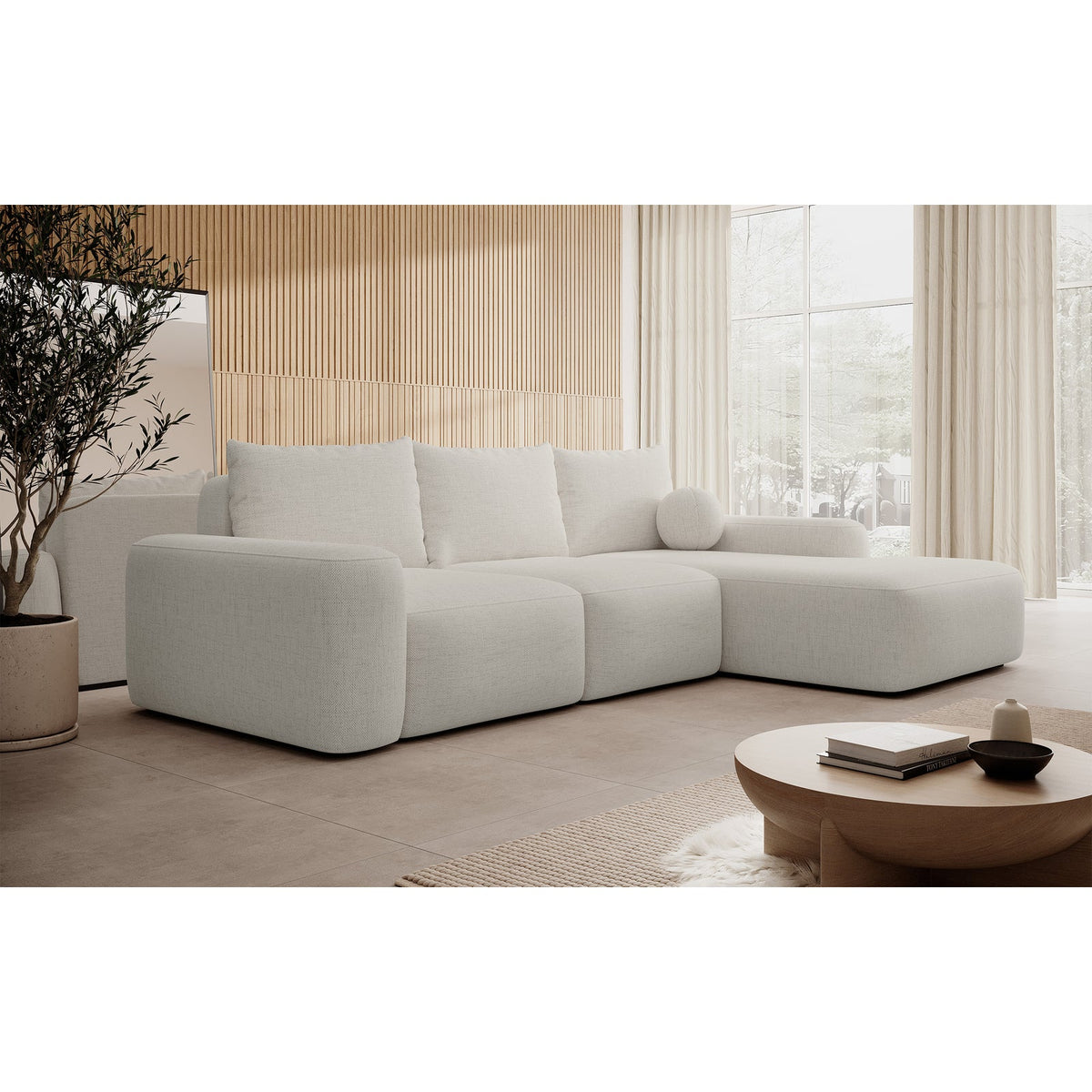 Kampinė sofa LIVA realioje aplinkoje, kreminė šenilas