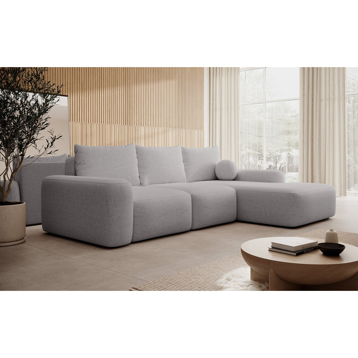 Kampinė sofa LIVA svetainės interjere, pilka šenilas