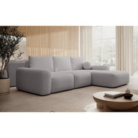 Kampinė sofa LIVA svetainės interjere, pilka šenilas