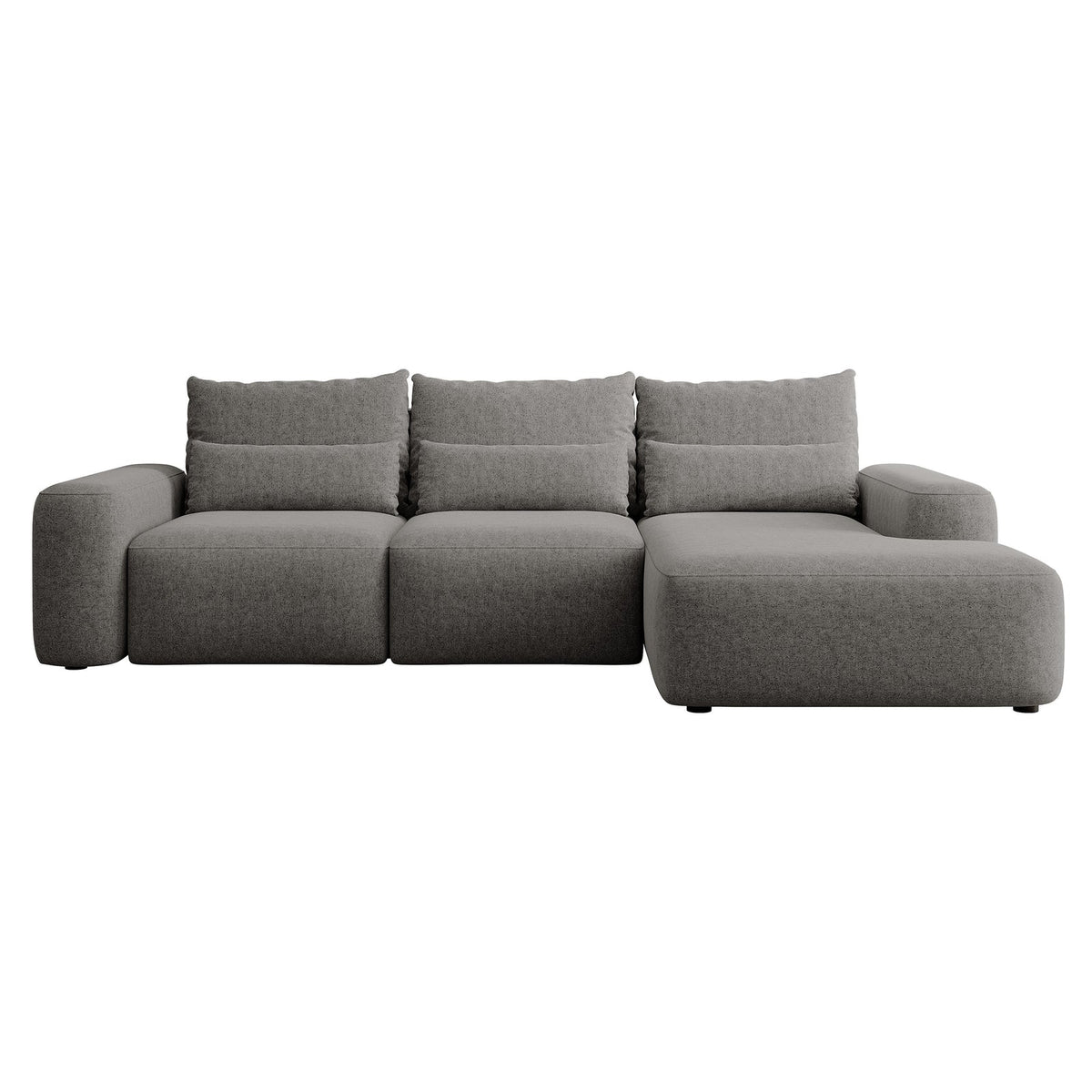 Kampinė sofa LIVA baltame fone, tamsiai pilka šenilas