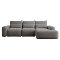 Kampinė sofa LIVA baltame fone, tamsiai pilka šenilas