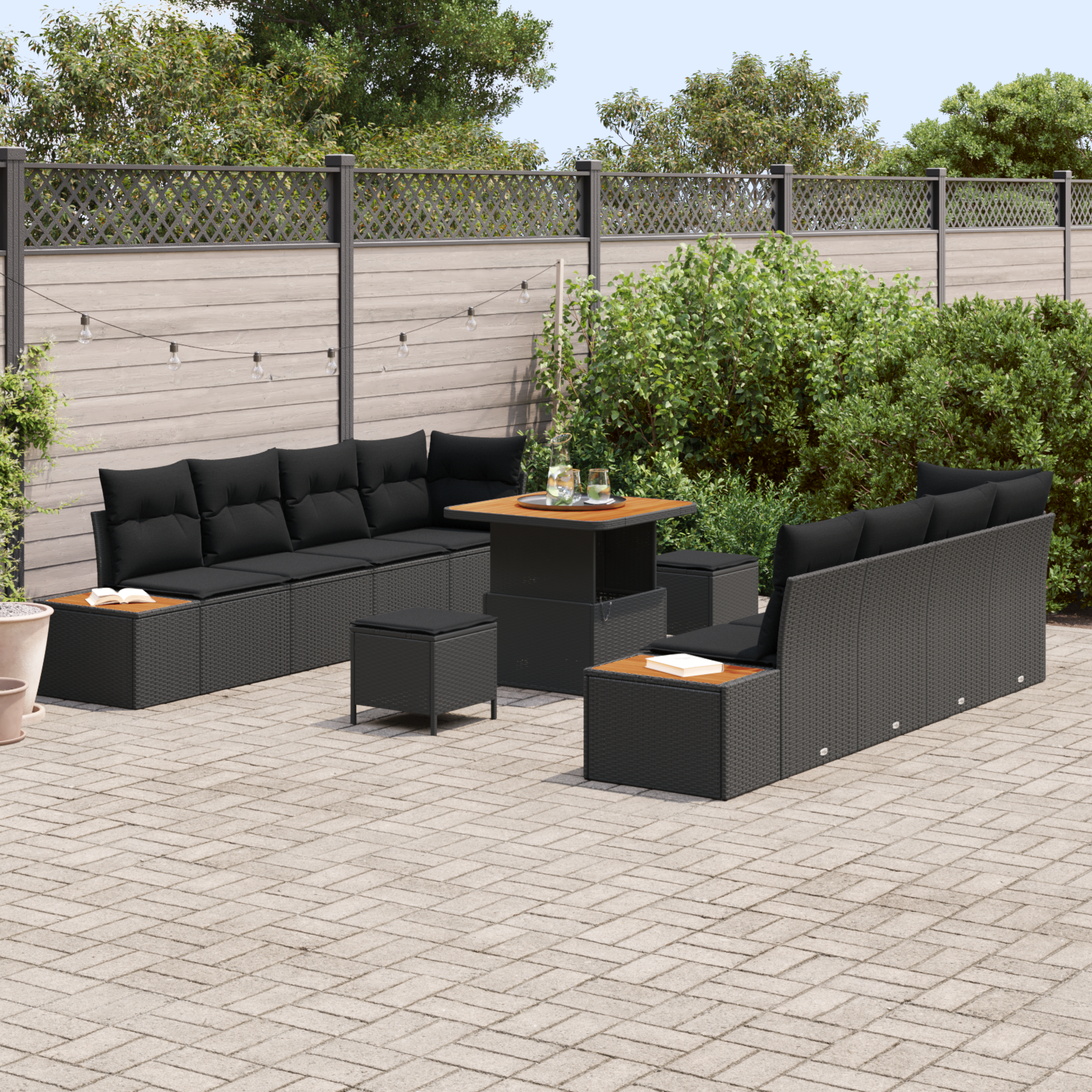 Sodo Sofų Rinkinys su pagalve 11 pcs Juoda