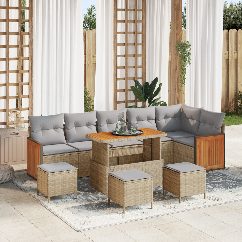 10 dalių sodo sofa komplektas su pagalvėlėmis Smėlio poli ratanas akacijoje