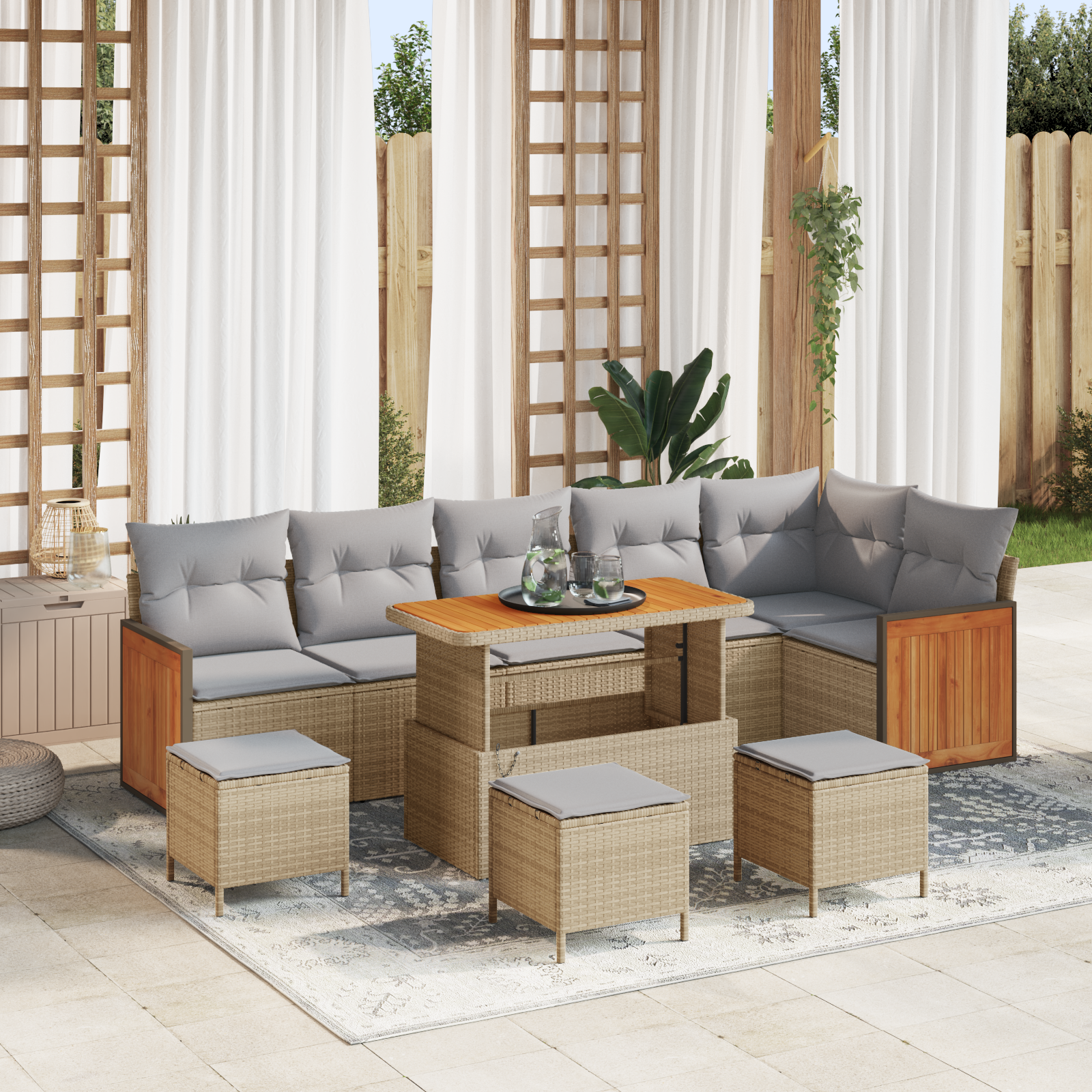 10 dalių sodo sofa komplektas su pagalvėlėmis Smėlio poli ratanas akacijoje