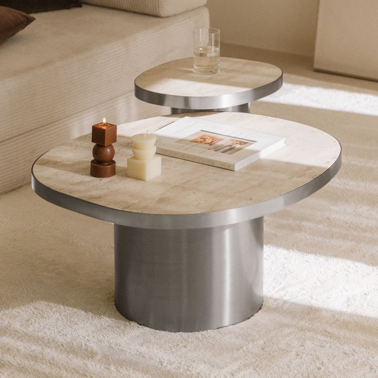 2 CALEARA coffee tables, travertine