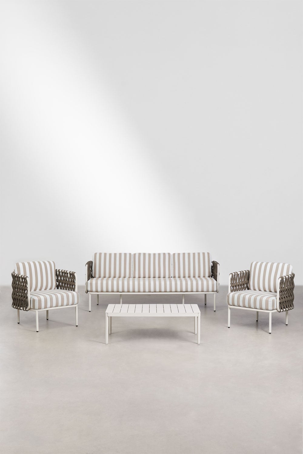 Lauko baldų komplektas TEVARY, sofa, foteliai, staliukas, mokos ruda ir balta