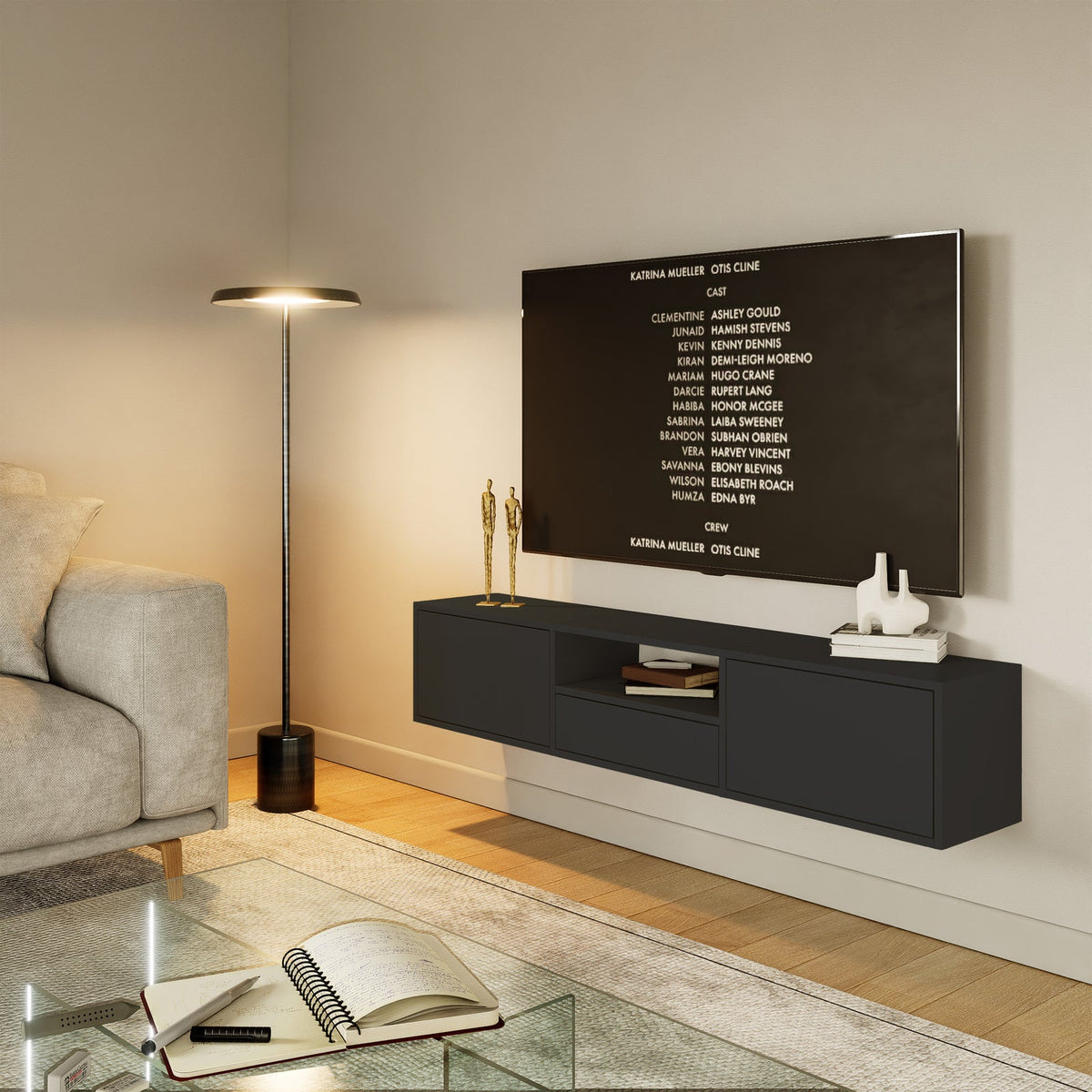 Pakabinama TV spintelė ZARI, juoda, 150 cm, 3