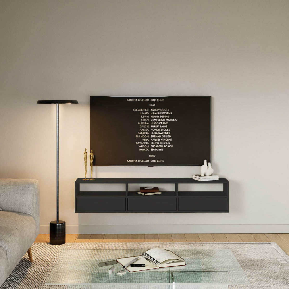 Pakabinama TV spintelė ZARI, juoda, 150 cm, 2 – stalčių vidus