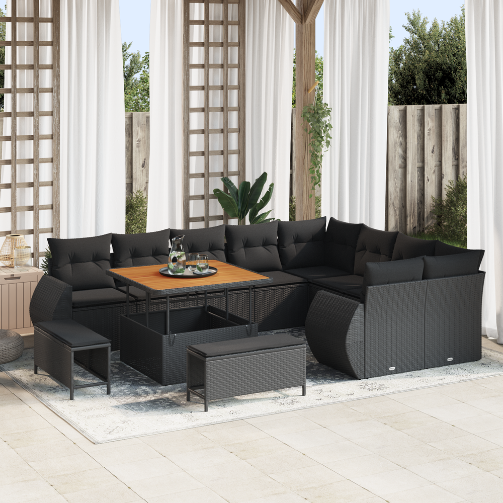 12 dalių sodo sofa rinkinys su pagalvėlėmis Juodas Poli ratanas Akacija