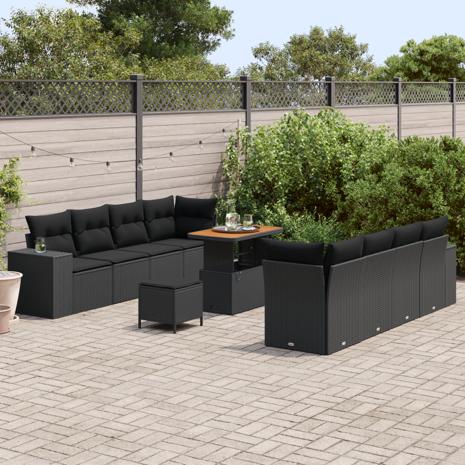 Sodo Sofų Rinkinys su pagalve su saugykla 11 pcs Juoda