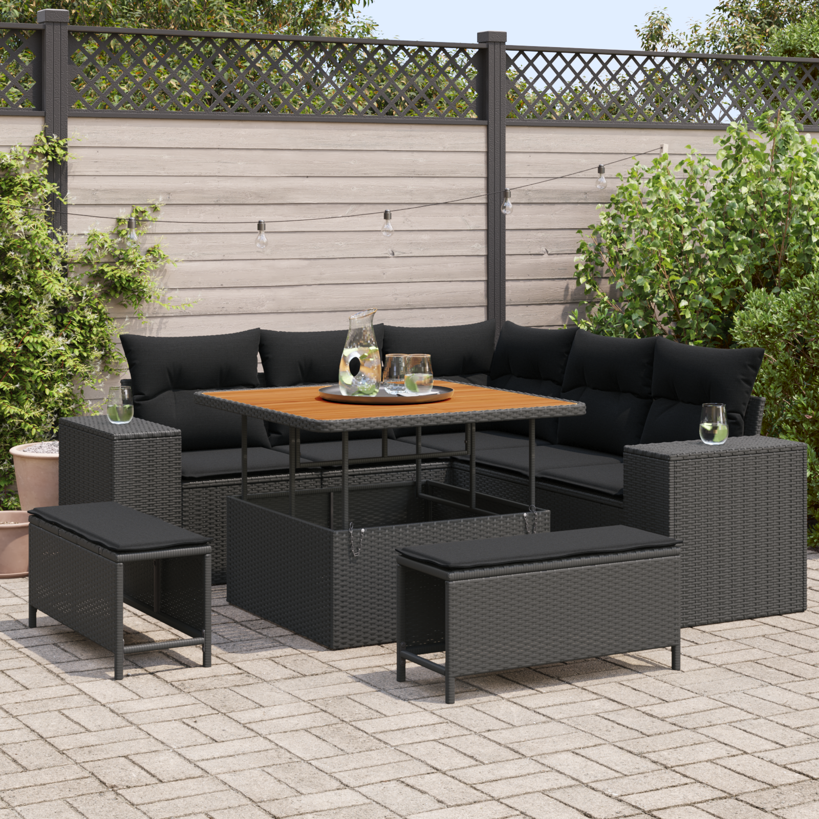 Sodo Sofų Rinkinys su pagalve su saugykla 8 pcs Juoda