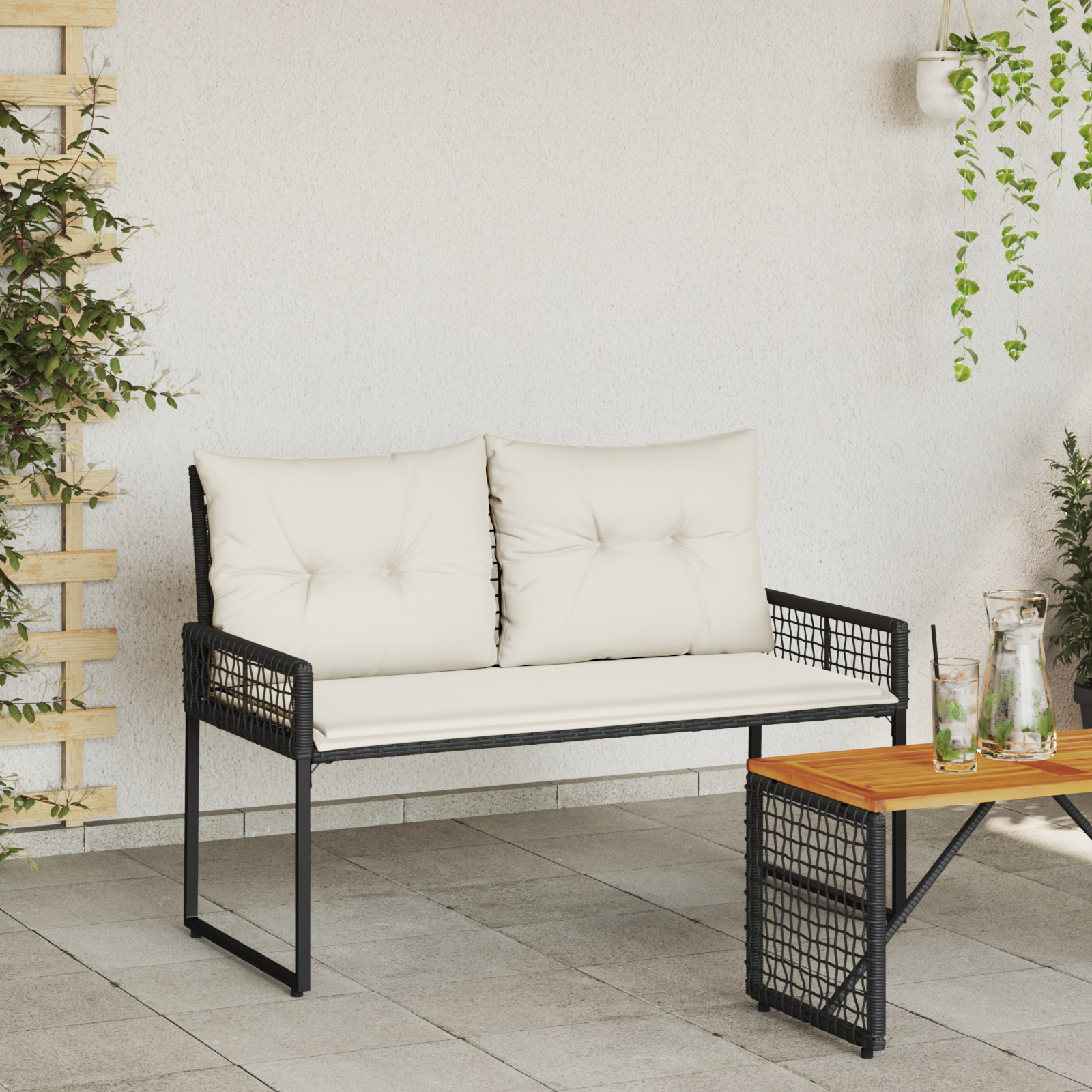 Lauko suolas su pagalve Juoda ir kreminė balta 118 x 55 x 82 cm