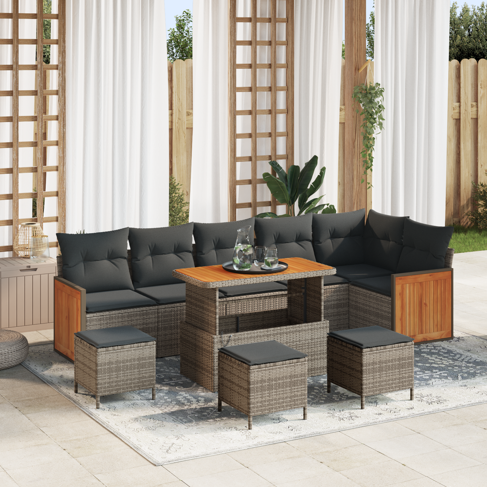 10-Piece Garden Sofa Set with Cushions Grey Poly Rattan Acacia