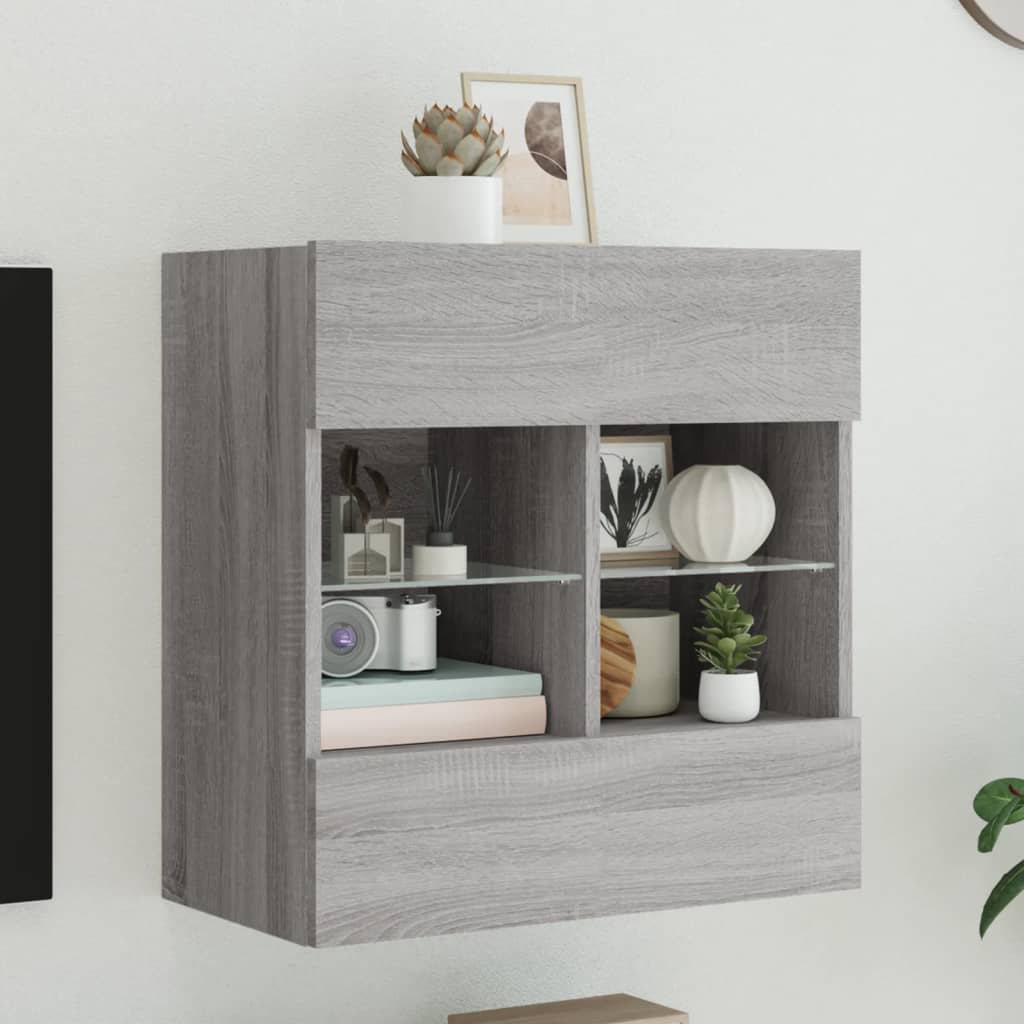 Sieninė TV spintelė su LED lemputėmis, pilka, 58,5x30x60,5cm
