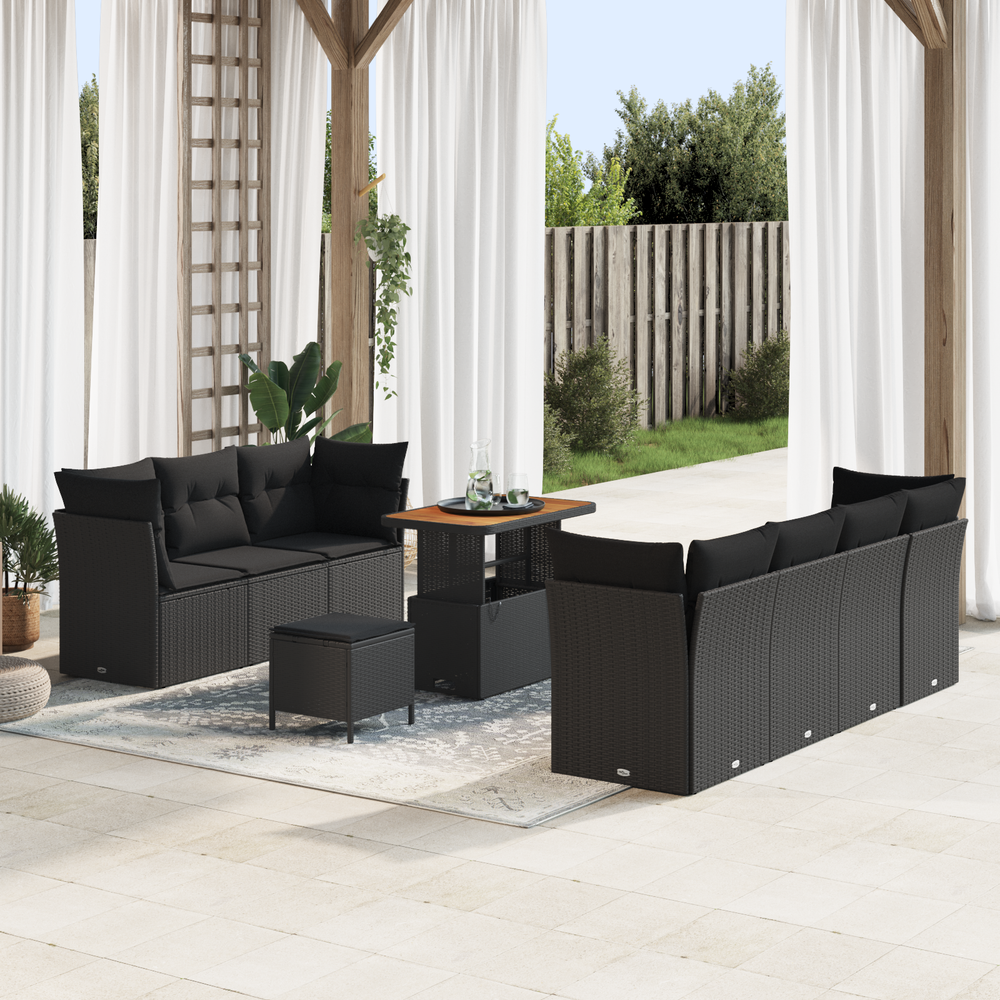 10-Piece Garden Sofa Set with Cushions Black Poly Rattan Acacia