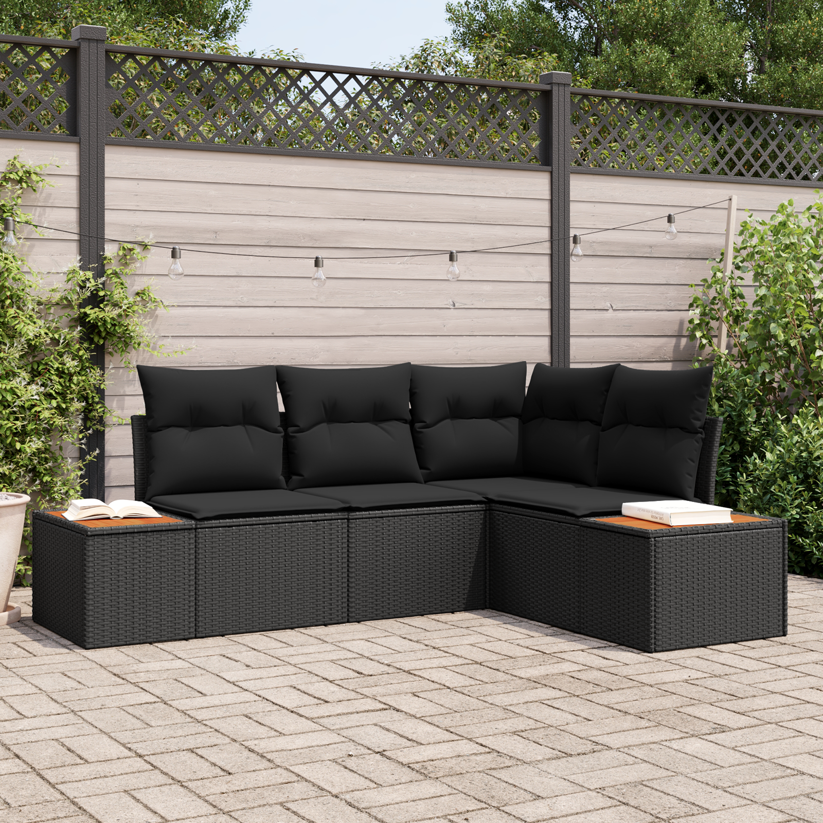 Sodo Sofų Rinkinys su pagalve 4 pcs Juoda Poliratanas