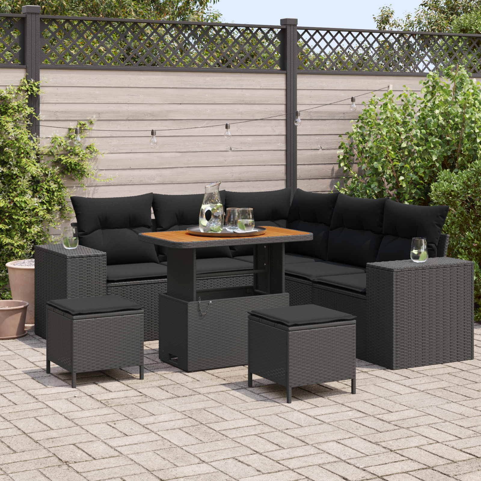 Sodo Sofų Rinkinys su pagalve su saugykla 8 pcs Juoda