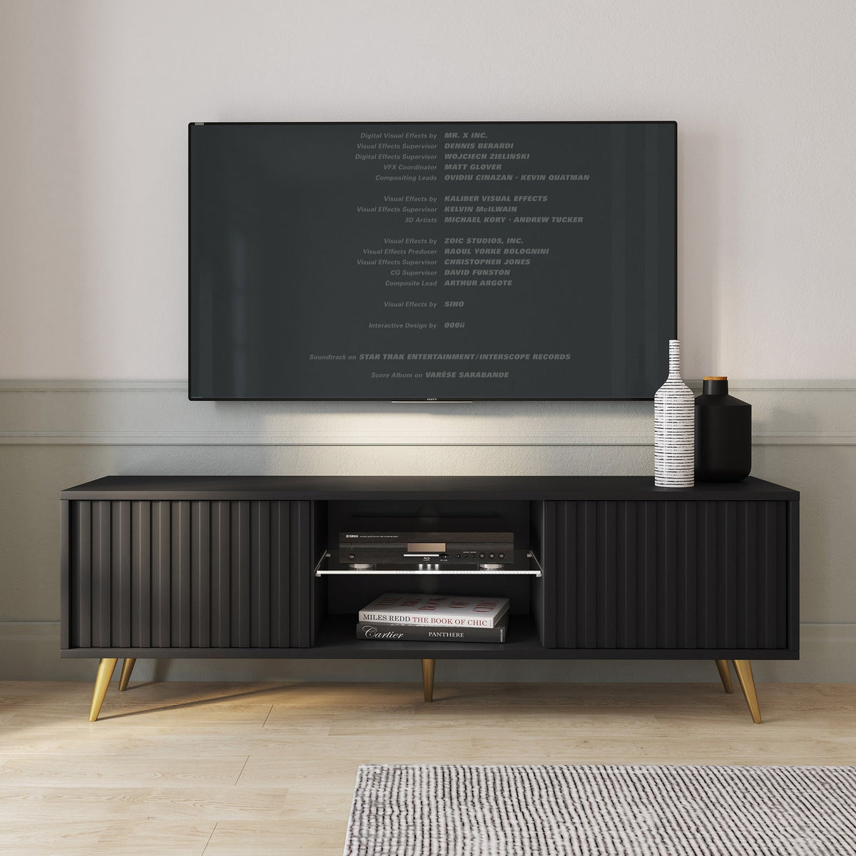 TV spintelė MAGNUS, juoda, 135 cm, auksinės kojos