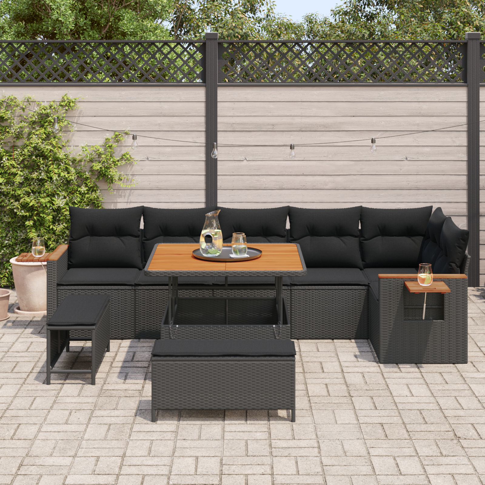 Sodo Sofų Rinkinys su pagalve 11 pcs Juoda poliratanas