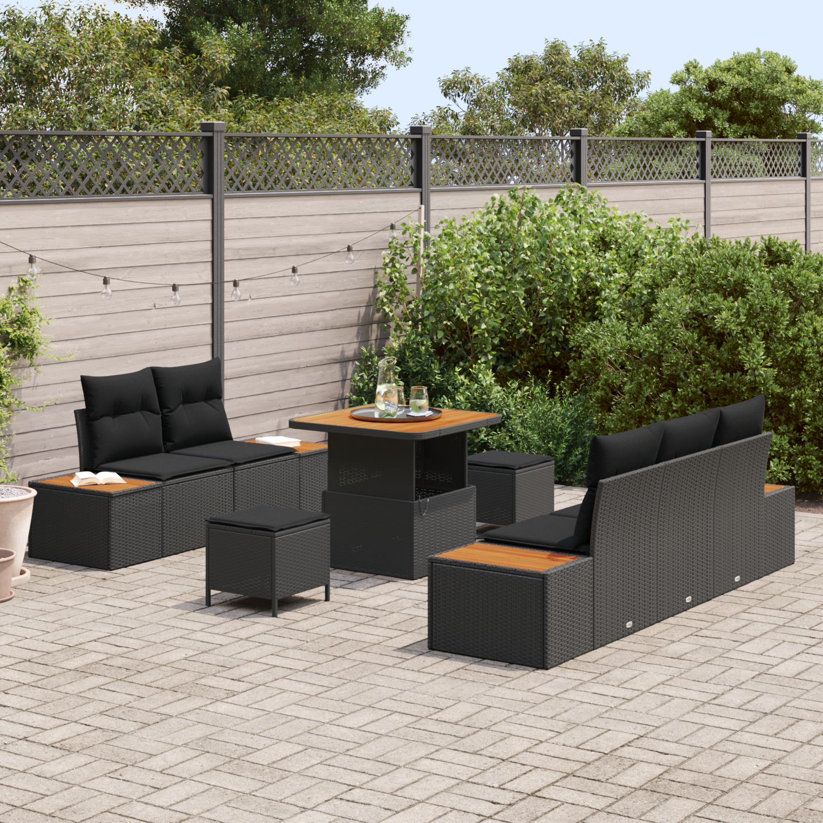 8 dalių sodo sofa komplektas su pagalvėlėmis Juodas Poli Ratanas Akacija