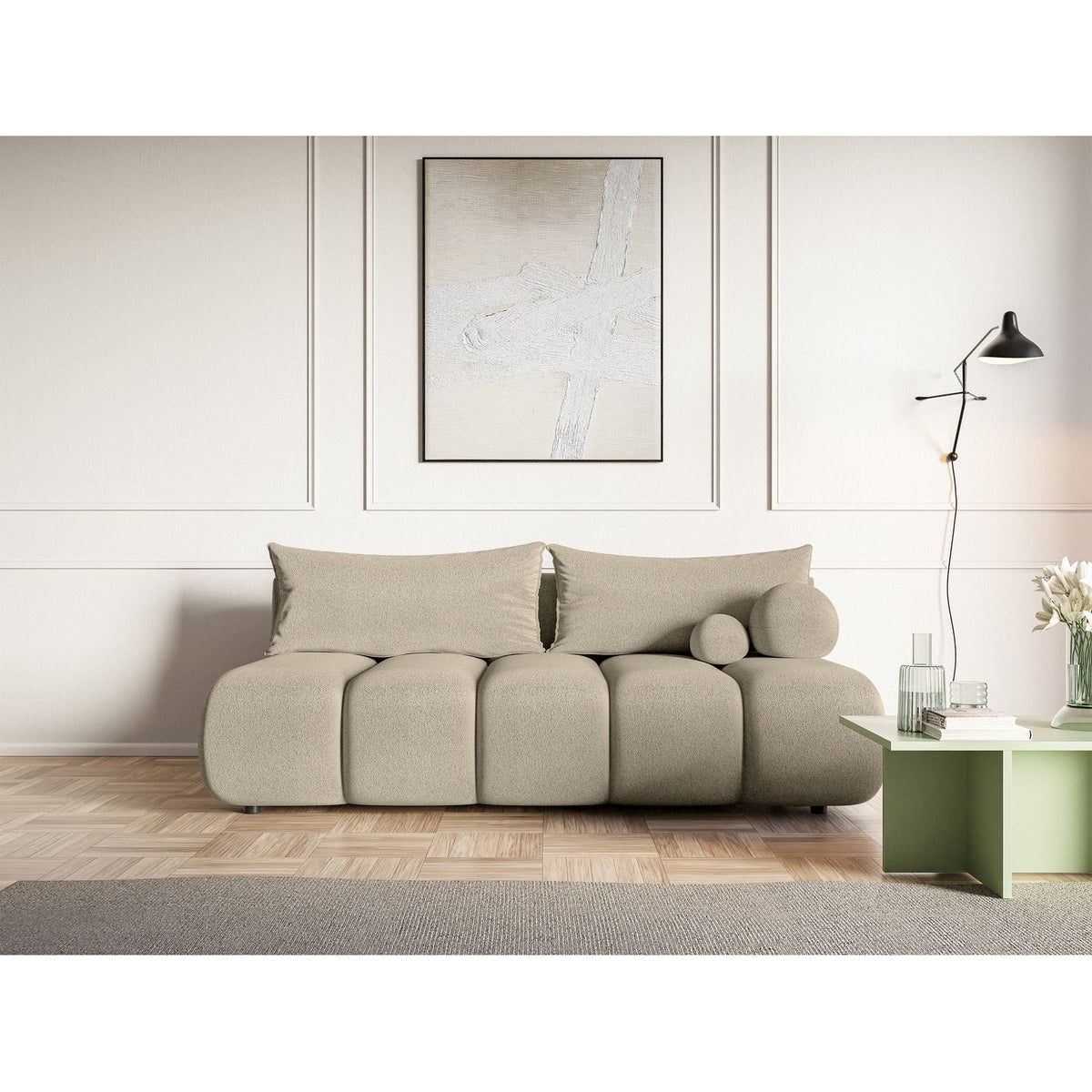 Sofa-lova ELIN mini realioje aplinkoje, šviesiai smėlinė šenilas